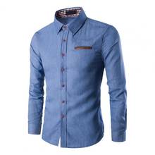 Camisa masculina manga longa gola virada para baixo, camisa jeans de cor sólida respirável, roupa diária casual 2024 - compre barato