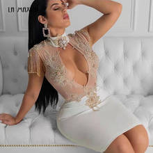 2020 Summer New Women's White Embroidery Chic Bandage Dress Vestido Sexy Hollow High Collar Bodycon Mini Dress Party 2024 - buy cheap