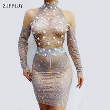 Sparkly Rhinestones Big Pearls Spandex Mini Dress Birthday Celebrate Outfit Prom Stage Female Singer Dancer Dress 2024 - buy cheap
