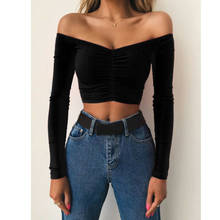 UK Women Casual Long Sleeve Pullover T-Shirt Autumn Ladies Sexy Bodycon Off Shoulder Solid Crop Top Shirts New 2024 - buy cheap