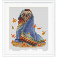 Amishop Gold Collection Counted Cross Stitch Kit Autumn Dog Puppy In Blanket Shivering, Autumn Leaves 2024 - buy cheap