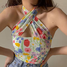 ArtSu Fashion Floral Print Summer Sexy Halter Crop Tops Women Sleeveless Backless Slim White Top Cropped Club Party Streetwear 2024 - buy cheap