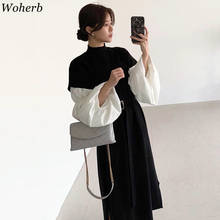 Woherb camisola de malha vestido feminino solto longo retalhos robe mujer contraste cor do vintage coreano vestidos gola 2024 - compre barato