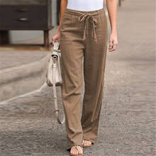 Calça de linho larga feminina, plus size, cintura alta, elástica, casual, com bolsos, vintage, 2020 2024 - compre barato