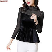 Women Winter Spring Basic Wear French Style Elegant Office Lady Patchwork Sheer Mesh Peplum Tops And Blouses 2024 - buy cheap