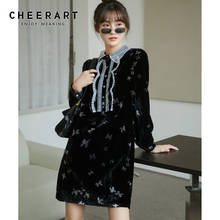 CHEERART Butterfly Velvet Winter Dress Women Black Collar Long Sleeve Korean Puff Sleeve Mini Classy Ladies Dress 2020 2024 - buy cheap
