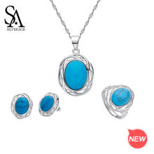 SA-Conjunto de joyería plata 925 para mujer, conjunto de dos Series de Plata de Ley 925, collar redondo turquesa/pendientes de botón/anillos 2024 - compra barato