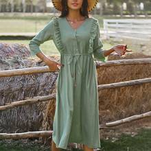 V-Neck Frill Long-Sleeve Slim Flared Dress Casual Holiday Dress Long Dress 2024 - buy cheap