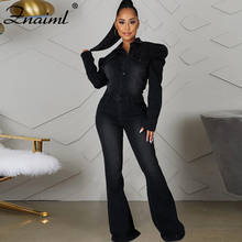 Znaiml Spring Women Skinny Slim Jumpsuit Full Puff Sleeve Denim Flare Jeans Rompers Ssingle-Breasted Overall Romper Streetwear 2024 - buy cheap