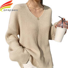 Suéter feminino gola v de malha grande, novidades, 2020, estilo coreano, blusas femininas e pulôveres 4 cores, puxar femme 2024 - compre barato