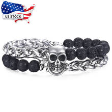 8/12mm Men Women Skull Bracelet Stainless Steel Wheat Link Double Layered Wristband Black Lava Beaded Bracelet Halloween LDB289A 2024 - buy cheap