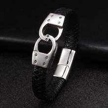 Vintage Men Boys Sporty Genuine Leather Bracelets Classic Handcuffs Stainless Steel Chain Link Cuff Charm Birthday Bracelets 2024 - buy cheap