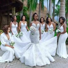 Африканские свадебные платья 2020 размера плюс, кружевные свадебные платья русалки, Украшенные бусинами, роскошное платье на пуговицах для свадебного торжества в загородном саду 2024 - купить недорого