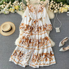 Vintage Floral Print Chiffon Long Dress Women Summer Sexy V Neck Holiday Party Dress Elegant Lantern Sleeve A-Line Vestido femme 2024 - buy cheap