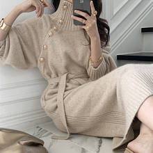 Fashion women's sweater dress 2020 autumn and winter new thread high neck gold buckle design belt knitted dress 2024 - buy cheap