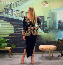 Black Style Two Pieces Prom Dresses Elegant Lace Moroccan Kaftan Applique Gold Top Turish Short Evening Dress 2021 Long Sleeve 2024 - buy cheap