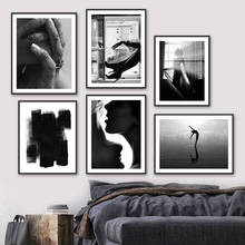 Pintura de tela minimalista para sala de estar, preto e branco, lábios sensuais, dança de parede de menina, posteres e impressões nórdicas, imagens para decoração 2024 - compre barato