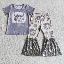 Baby Kids Wear Feather Floral Bull Print Grey Short Sleeve Shirt Sequins Bells Bottom Infant Boutique Clothes Sets 2024 - buy cheap