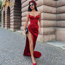 Сексуальное атласное вечернее платье, длинное плиссированное платье на бретелях-спагетти с высоким разрезом и простое платье для вечеринк... 2024 - купить недорого