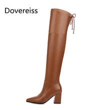 Dovereiss-Botas por encima de la rodilla para mujer, zapatos de tacón grueso, elegantes y sexys, color marrón plateado, talla 31-46 2024 - compra barato