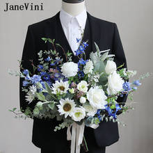 Janevini lindo buquês de flores para casamento, azul e marfim, 2021, luxuoso, artesanal, seda, buquês de flores, buquê de noiva, ramo de futura esposa 2024 - compre barato