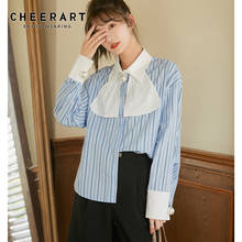 CHEERART Pearl Long Sleeve Bow Top Blue Striped Korean Blouse Women Button Up Collar Cute Shirts Fall 2020 Women Clothing 2024 - buy cheap