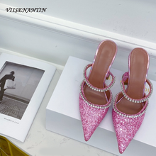 Sandalias de tacón alto para mujer, zapatillas puntiagudas de lujo con diamantes de imitación y lentejuelas, a la moda, 2021 2024 - compra barato
