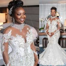Vestidos de novia de sirena de cristal africano, cuello alto, transparentes, mangas largas de encaje con cuentas, novedad de 2021 2024 - compra barato