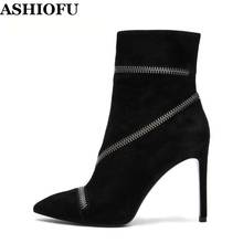 ASHIOFU New Arrival Handmade Ladies High Heel Boots Zipper-deco Pointed-toe Party Ankle Booties Large Size Evening Short Boots 2024 - buy cheap