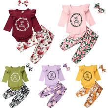 3pcs Newborn Kids Toddler Baby Girl Fly Sleeve Letter Romper Casual Tops Floral Long Pants Headband Outfit Autumn Clothes 0-24M 2024 - buy cheap
