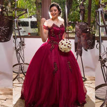 2020 Dark Red Ball Gown Quinceanera Dresses Off Shoulder Sweep Train Appliques Beads Long Formal  Party Gowns for Sweet 1 2024 - buy cheap