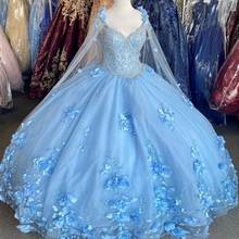 Light Sky Blue Quinceanera Dresses With Cape 2021 Sequins Beads 3D Flowers Backless Princess Sweet 16 Gown Vestidos De 15 Años 2024 - buy cheap