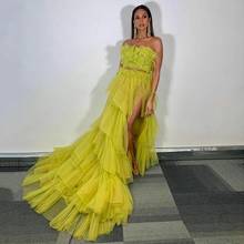 Neon Green 2 Pieces Ruffles Tiered Tulle Long Women Dresses Fashion High Side Split A-line Tulle Prom Gowns 2024 - buy cheap