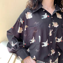 Camisa feminina estampada de anjo harajuku, blusa elegante vintage, manga lanterna, outono 2020, roupas femininas, camisa solta, bf 2024 - compre barato