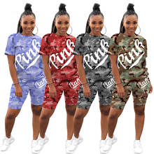 Camuflagem 2021 desportivo casual duas peças conjunto verão novos fatos de treino rosa carta impressão outfits 3xl tops + biker shorts jogger ternos 2024 - compre barato