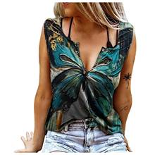 Tanks de impressão borboleta camis feminino sexy com decote em v impresso sem mangas solto topos casual pulôver tanques vintage camisetas de mujer 2024 - compre barato