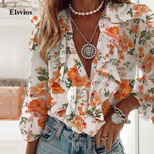 2021 Spring Vintage Floral Print Loose Blouse Shirts Fashion Sexy V-Neck Ruffle Women Tops Elegant Office Lady Long Sleeve Blusa 2024 - buy cheap