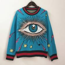 Модный вязаный свитер с большими глазами для женщин, винтажные синие свободные вязаные пуловеры, уличная одежда, Женский свитер 2024 - купить недорого