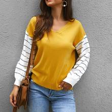 Fashion Casual Striped Knitted Sweater Jumpers Sexy Loose V-Neck Streetwear Pullovers Tops Female Autumn Winter Women's Sweater 2024 - buy cheap