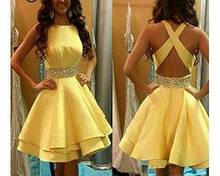 Short Beaded Yellow Satin Homecoming Dresses with Pockets Sexy Back Knee Length Birthday Graduation Dresses for Juniors 2024 - buy cheap