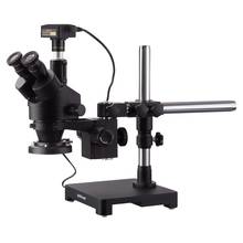 Тринокулярный микроскоп, 3,5x-45X, Стерео Зум, микроскоп на одной руке, стойка стрелы + 144 светодиодов, компактный кольцевой светильник с камерой 16 МП USB3.0 2024 - купить недорого