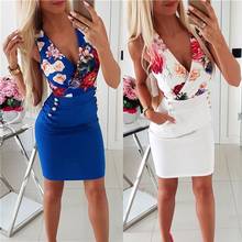 Summer Women's New Sexy Solid Color V-neck Printed Button Dress Fashion Sleeveless Slim Miniskirt Pocket Casual Women's Wear 2024 - buy cheap
