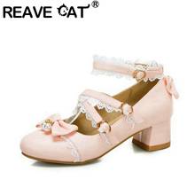 REAVE CAT Ladies Sweet Cute Lolita Mary Janes Pearl Pumps Lace Round Toe Square Heels 4cm PU Buckle Big Size 30-48 Spring A3261 2024 - buy cheap