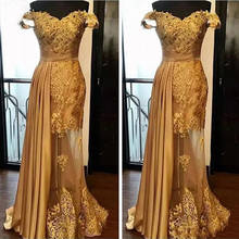 Elegante vestido de noche largo dorado con hombros descubiertos para mujer, traje de fiesta de graduación con cuentas de sirena, Arabia Saudí de encaje, 2021 2024 - compra barato