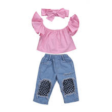New Fashion Toddler Kids Girl Clothes Summer Off shoulder Pink T-shirt Tops+Hole Net Jean Denim Pant Headband 3PCS Clothing 2024 - buy cheap