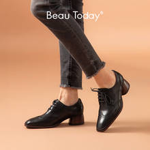 BeauToday/кожаные туфли; Броги; Женская обувь из телячьей кожи с острым носком и квадратным носком на шнуровке; Женская обувь на блочном каблуке; 15743 ручной работы 2024 - купить недорого