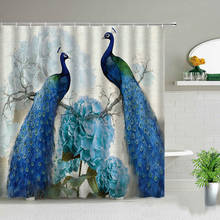 Cortinas de ducha de pavo real azul, conjunto de cortina de baño de tela impermeable con ganchos, estampado de paisaje de pájaro y flores, decoración de bañera 2024 - compra barato