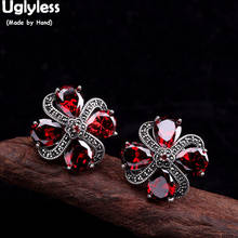 Uglyless garnet trevo brincos para mulher thai prata étnica floral studs real 925 prata marcasite brincos bijoux e1451 2024 - compre barato