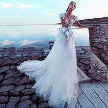 V-neck Tulle Rhinestones Flower Cap Sleeves Backless A-line Wedding Dresses 2020 vestido de novia 2024 - buy cheap