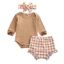 3PCS Newborn Infant Baby Girl Outfits Clothes Set Long Sleeve Solid Romper Tops+Plaid Shorts+Headband 2024 - buy cheap